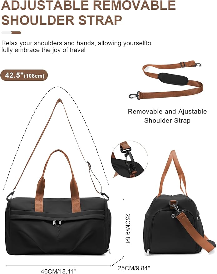 Gym Bag for Women Men with Shoe Compartment, Sport Duffel Bag, Waterproof Travel Weekender Overnight Carry on Bag for Yoga with Trolley Sleeve, Black Brown