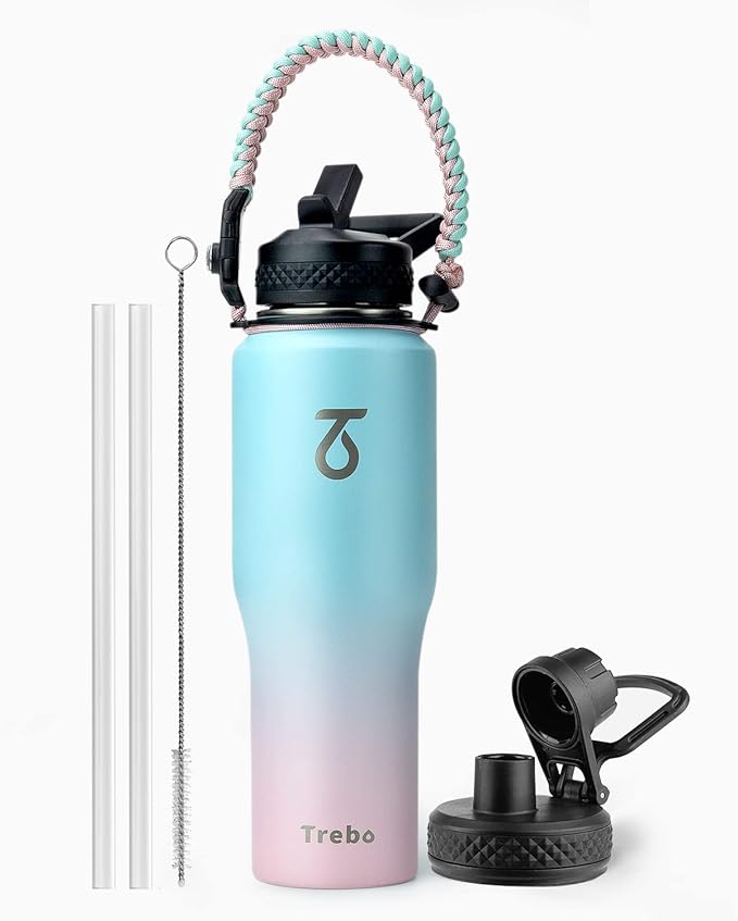Trebo 32oz Insulated Water Bottle that Fits in Cup Holder, Stainless Steel Triple Wall Tumbler Flask Bottles with Paracord Handle, with Straw Spout Lids, Keep Cold for 48 Hrs/Hot 24 Hrs,Bubble Gum