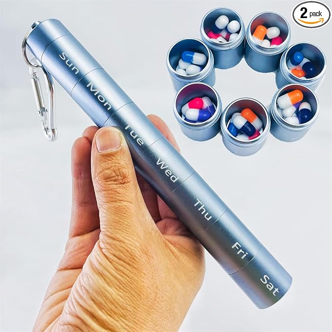 2 PCS Metal Travel Pill Organizer Large - Rainbow Weekly Pill Case +7 Day Pill Organizer-Waterproof Pill Box Container - Compact and Durable Medicine Organizer (Gray)