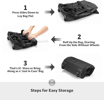 STOVER 45L Carry-On Rolling Duffel Bag with Wheels, Medium Durable Travel Duffle w/Toiletry Bag, Heavy-Duty, Packable, Foldable with Shoulder Straps- Use as Luggage or Backpack, Men/Women (Black)