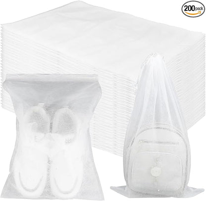 200 Pcs White Non-Woven Shoe Storage Bags – Dustproof Drawstring Travel Shoe Covers (12.5” x 18.5”) – Breathable & Portable Organizers for Shoes, Boots, Purses