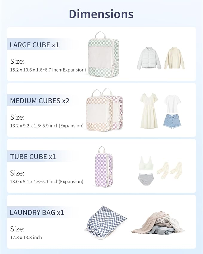 Narwey 5 Set Compression Packing Cubes for Travel, Luggage Packing Organizer Bags for Carry on Suitcase, Expandable Checkered Storage Bags with Laundry & Handle (Combined Checkered)