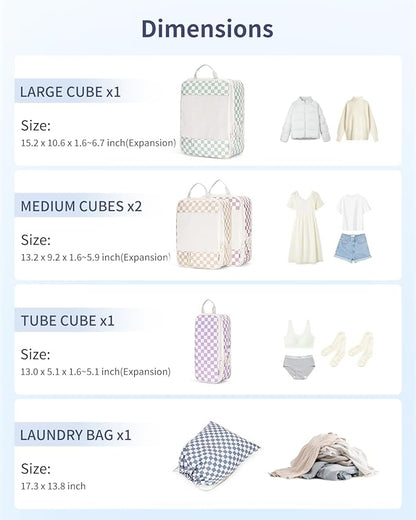 Narwey 5 Set Compression Packing Cubes for Travel, Luggage Packing Organizer Bags for Carry on Suitcase, Expandable Checkered Storage Bags with Laundry & Handle (Combined Checkered)