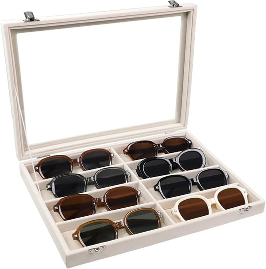 Stratalife Sunglasses Organizer Sunglass Display Tray Jewelry Tray with Lid Sunglasses Storage Case Drawer Watch Box for Men and Women Beige (8 Grids)