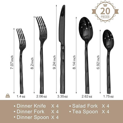 KINGSTONE Black Silverware Set, Luxury 20 Piece Flatware Set for 4, 18/10 Stainless Steel Cutlery Set with Diamond Cut Pattern for Kitchen, Home, Wedding, Party, Mirror Polished and Dishwasher Safe
