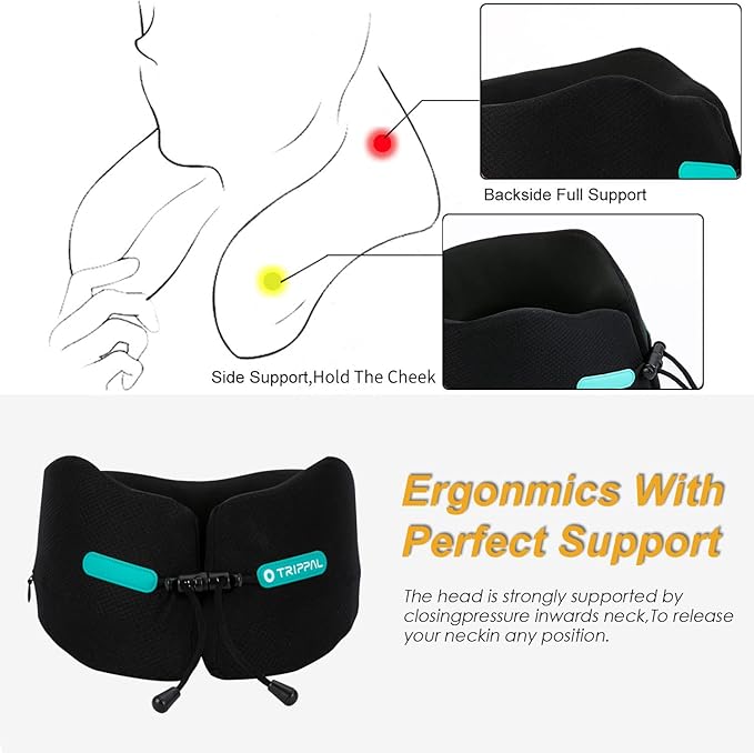 GOLDORANGE Travel Pillow Neck Chin Head Support 100% Pure Memory Foam Neck Pillows for Long Flights Airplane Car Office Sleeping Rest Portable Plane Accessories Black S