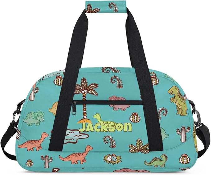 Personalized Duffel Bag for Kids Girls Boys, Dinosaurs Custom Name Gym Bag Overnight with Padded Handles Carry On Weekend Sports Travel Bag for School Practice Gymnastics Ballet