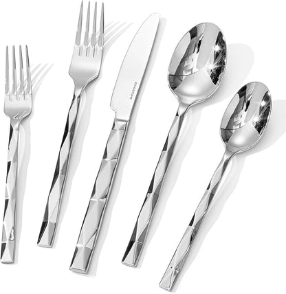 KINGSTONE Silverware Set, Luxury 40 Piece Flatware Set for 8, 18/10 Stainless Steel Cutlery Set with Diamond Cut Pattern for Kitchen, Home, Wedding, Party, Mirror Polished and Dishwasher Safe
