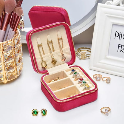 TAIMY Travel Jewelry Case, Small Plush Velvet Jewelry Box for Women and Girls, Portable Jewelry holder organizer for Rings Earrings Necklaces Bracelets(Magenta)