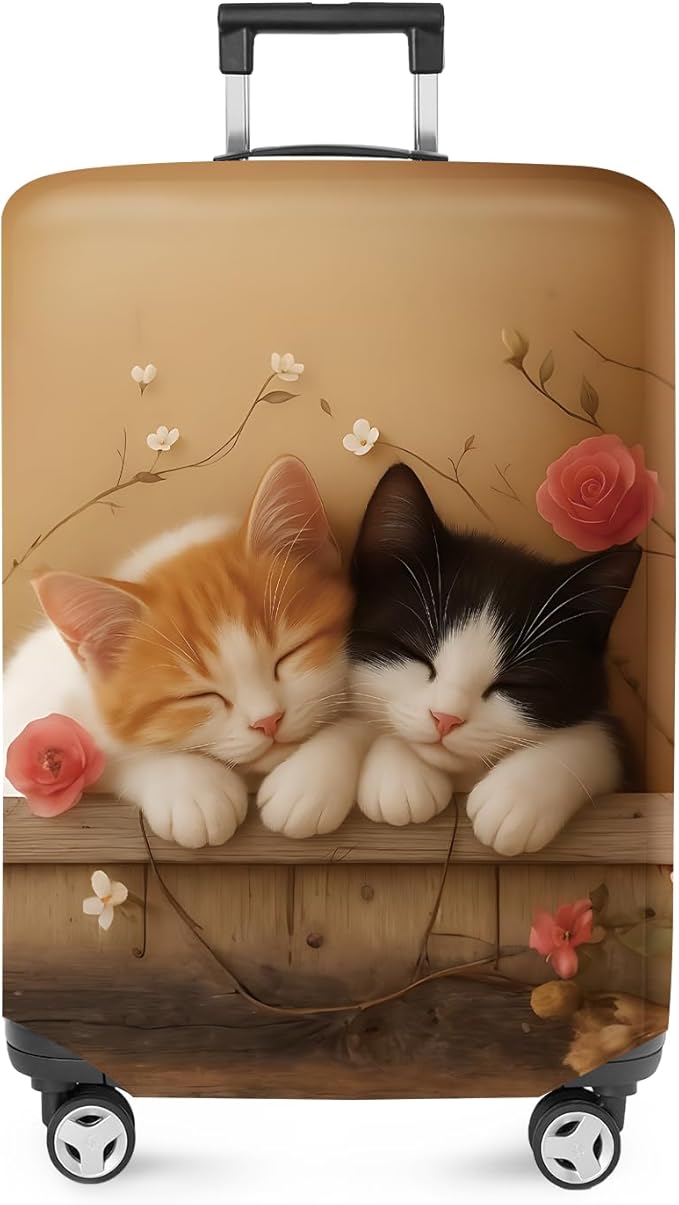 ANNA QUEEN Sleeping Cats Luggage Cover, Adorable Kitten Design with Floral Elements, Stretchable, Washable Travel Sleeve for 24-26 Inch Suitcases