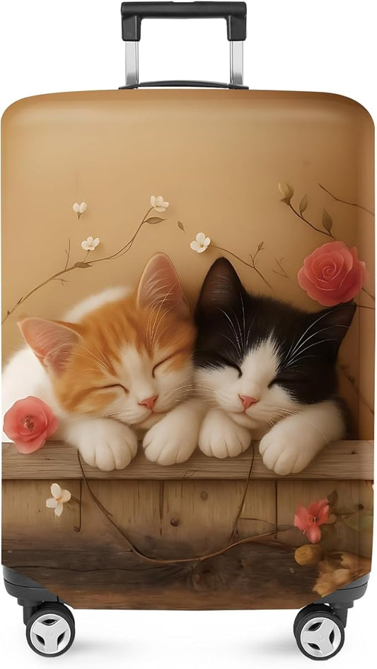 ANNA QUEEN Sleeping Cats Luggage Cover, Adorable Kitten Design with Floral Elements, Stretchable, Washable Travel Sleeve for 24-26 Inch Suitcases