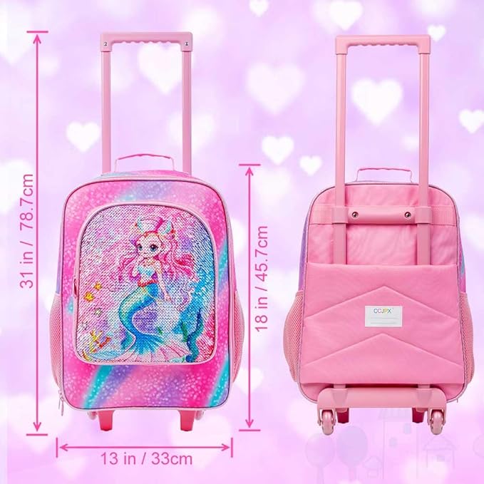 UFNDC Girls Mermaid Luggage, Rolling Suitcase with Wheels, Travel Carry on for Children Toddler Elementary
