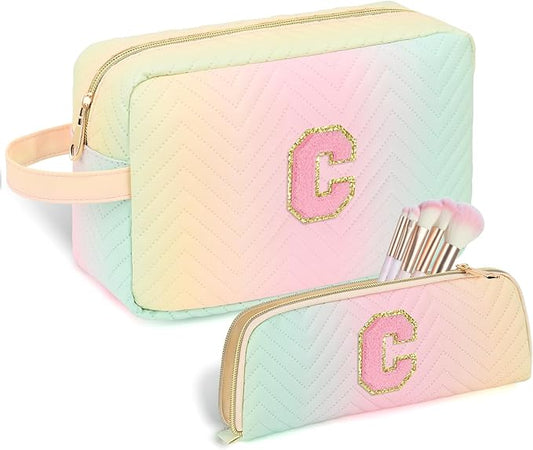 Personalized Initial Makeup Bag Trendy Stuff Leather Waterproof Cosmetic Bag Travel Toiletry Bag, Christmas/Thanksgiving/Halloween Gifts Makeup Organizer Case for Women Girls Mom Girlfriend Wife