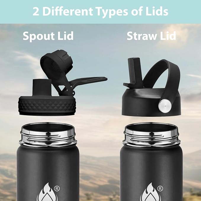 Insulated Water Bottle 24 oz with Straw, Stainless Steel Wide Mouth Water Bottle, Double Wall Vacuum Leak Proof with Straw Lid & Spout Lid for Sports or Office, Keep Cold or Hot Up to 24 Hrs