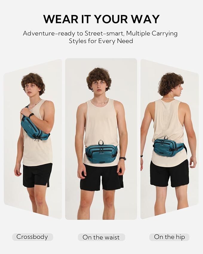 WATERFLY 3L Large Fanny Pack, 180° Opening Hip Pouch with Multi-Pockets, Anti-Theft RFID Blocking Waist Bag for Women Men Traveling Hiking Daily Use-Teal