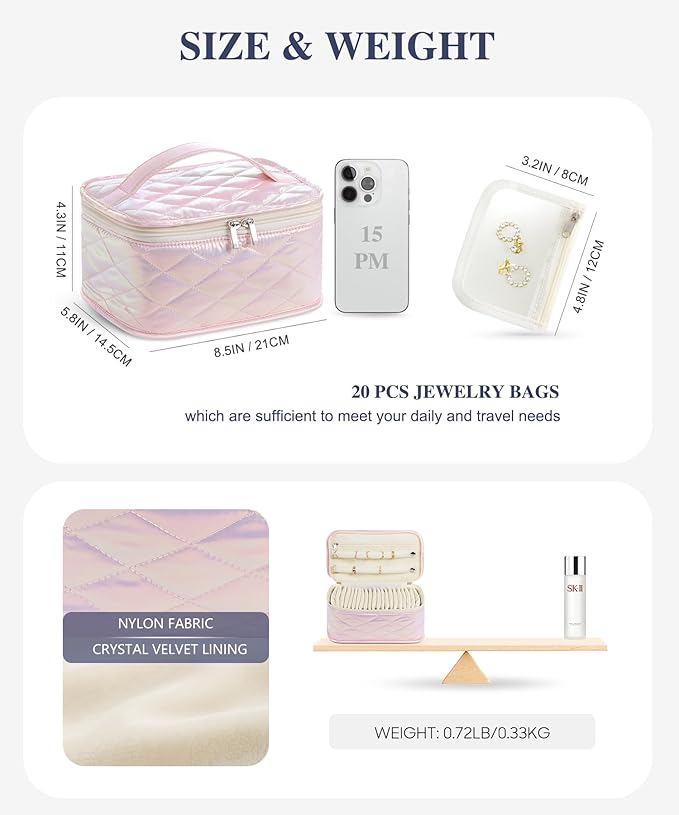 Large Travel Jewelry Organizer Box with 20 Clear Velvet Bags, Anti-Tangle & Anti-Oxidation Jewelry Case for Rings, Earrings, Necklaces & Bracelets – Quilted Pink Design, Gift for Women & Girls, Pink