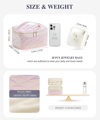 Large Travel Jewelry Organizer Box with 20 Clear Velvet Bags, Anti-Tangle & Anti-Oxidation Jewelry Case for Rings, Earrings, Necklaces & Bracelets – Quilted Pink Design, Gift for Women & Girls, Pink