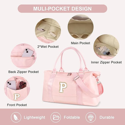 Dance Gym Duffel Bag for Teen Girls, Personalized Initial Travel Weekender Bag,Cute Overnight Carry On Duffle for Women,Sports Travel Cheer Bag,Monogram Christmas Gifts for Tween Preppy(pink-P)