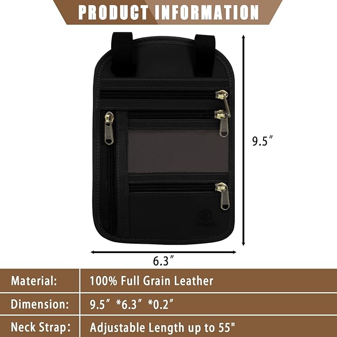 Ringsun Genuine Leather Passport Holder For Travel, RFID Blocking Slim Neck Wallet with Adjustable Strap for Women and Men, Travel Essentials to Keep Cash, Credit Cards and Documents Safe, Black