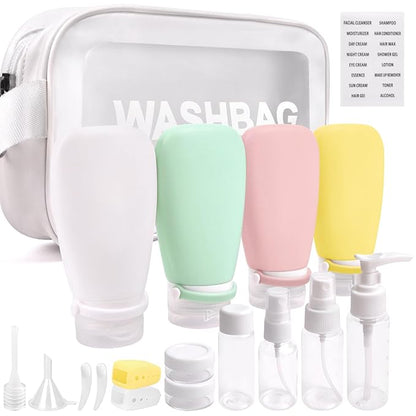 18 Pcs Travel Bottles Set for Toiletries, TSA Approved Travel Size Containers with Bandage Silicone Squeezable for Shampoo Conditioner Lotion Body Wash (Multicolour+White Bag)