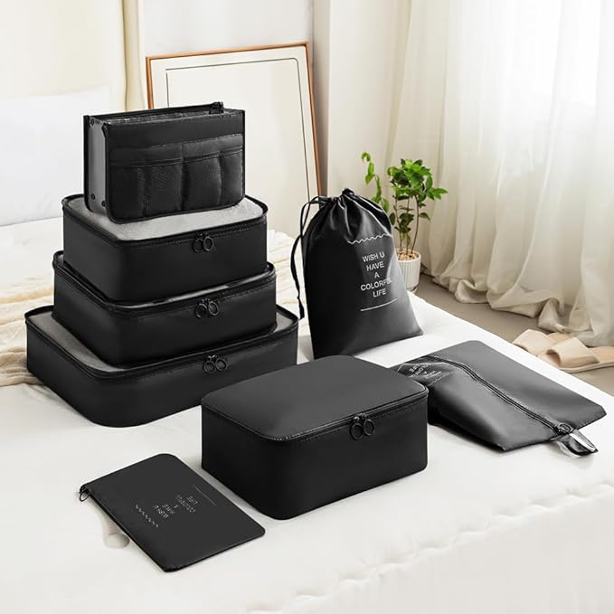 SUMINGGO Packing Cubes for Travel - 8 PCS Compression Packing Organizers Set, Water-Resistant Luggage Organizers with Laundry Bag for Suitcase, Travel Bags Organizer for Efficient Packing (Black)