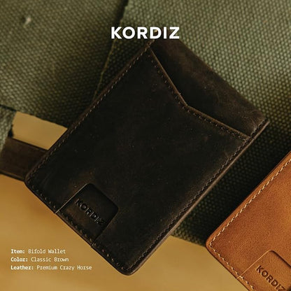 KORDIZ RFID Blocking Slim Bifold Wallet for Men – Premium Full-Grain Crazy Horse Leather Front Pocket Wallet with Money Clip, ID Window & Minimalist Design – Rustic Brown
