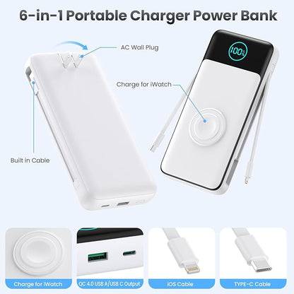Portable Charger for iPhone with Built-in Cables and AC Wall Plug,Upgraded 26800mah Fast Charging USB C Power Bank,25W PD Travel Essential Battery Pack for iPhone 17/16/15/14,Galaxy,Apple Watch-White