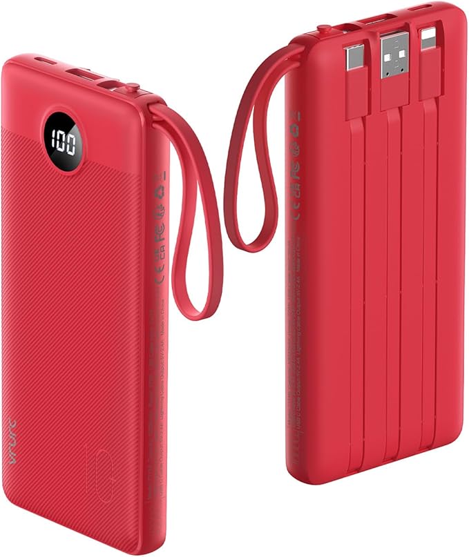 VRURC Portable Charger, 10000mAh Power Bank Built in Cables for iPhone, Slim Compact Travel Essential, 5 Outputs 2 Inputs USB C Battery Pack for iPhone 17 16 15 14 13, Samsung, Android etc-Magenta
