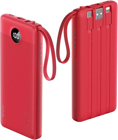VRURC Portable Charger, 10000mAh Power Bank Built in Cables for iPhone, Slim Compact Travel Essential, 5 Outputs 2 Inputs USB C Battery Pack for iPhone 17 16 15 14 13, Samsung, Android etc-Magenta