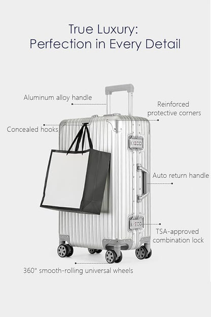 HotWay 28 Inch All Aluminum Checked in Luggage with Wheels, Hard Shell Zipperless Suitcase with TSA Locks, Large Travel Luggage, Silver