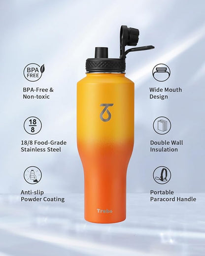 Trebo 40oz Insulated Water Bottle that Fits in Cup Holder, Stainless Steel Bottles Tumbler Double Wall Metal with Straw Spout Lids,Travel Flask with Paracord Handle, Sweat Proof Keep Cold &Hot,Orange