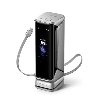 EF ECOFLOW Rapid Pro X Power Bank, 27650mAh, 300W, 140W Built-in Cable, 3-Port Portable Charger, 140W Output, Up to 320W Recharge, 3.9" Display, 2 ft Retractable Cable, Compatible with iPhone, Laptop