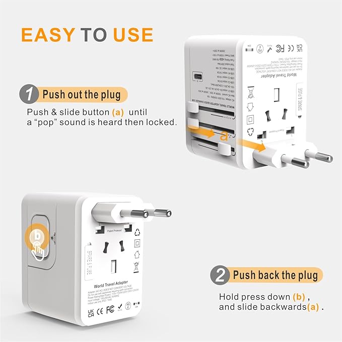 Universal Travel Adapter Worldwide- 35W GaN III/PD Fast Charge European Travel Plug Adapter with 3 USB-C& 2 USB-A Ports, International Power Adapter for US to Europe UK AUS Japan(Type C/G/A/I) (white)