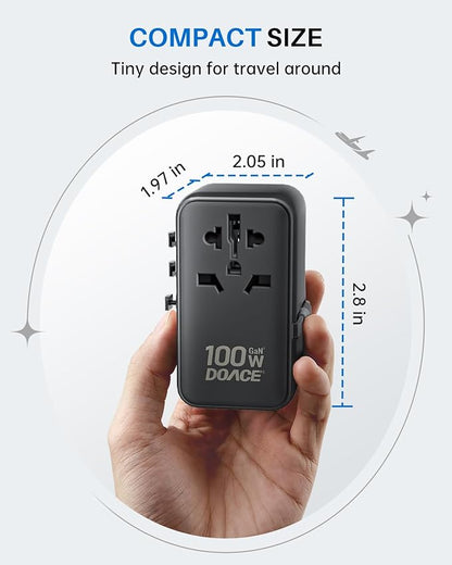 DOACE Universal Travel Adapter, 100W GaN 3.0 European Travel Plug Adapter with Built-in USB-C Cable, 6 in 1 International Power Adapter with 5 USB Ports for EU/UK/USA/AUS(Black)