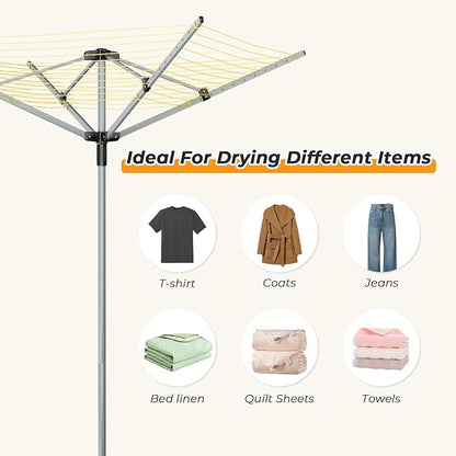 tonchean Outdoor Umbrella Drying Rack, 4-arm Rotary Umbrella Clothesline for Laundry, Adjustable Height Rotary Dryer Collapsible Clothes Drying Rack | 12-Lines with 165 ft. Clothesline