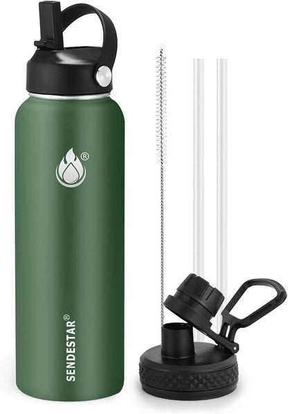 Insulated Water Bottle 40 oz with Straw, Stainless Steel Wide Mouth Water Bottle, Double Wall Vacuum Leak Proof with Straw Lid & Spout Lid for Sports or Office, Keep Cold or Hot Up to 24 Hrs