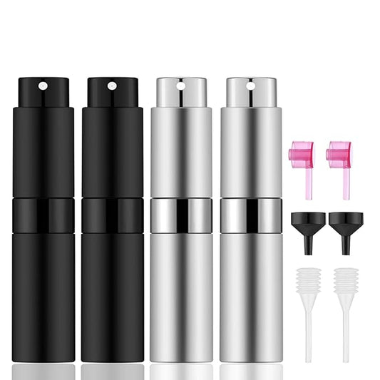 Lil Ray 8ml Portable Mini Perfume Atomizer(4 PCS)，Refillable Empty Small Spray Bottle for Travel, Twist Type Pocket Cologne Sprayer (Matte Black&Silver)