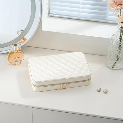 Lolalet Travel Jewelry Case for Women Girls, Travel Jewelry Organizer Box with Mirror & Clear Storage Bag, Small Portable Earring Necklace Bracelet Ring Case, Birthday Christmas Gifts -Large, White