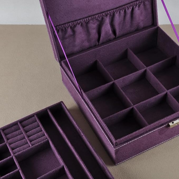 Jewelry Boxes 10 x 10 Inches 2-layer Handle Necklace Holder Organizer Jewellery Women Rings Storage Display Girls Earrings Case Lockable Jewelry Tray GY641 (Purple)