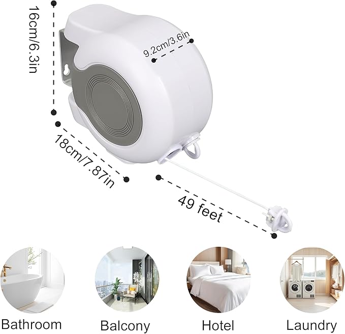 Retractable Clothesline Outdoors, 49 Feet PVC Heavy Duty Retractable Clothes Line, Compact Design Clothes Line Outdoors Space Saving, Weatherproof for Garden, Patio, Balcony