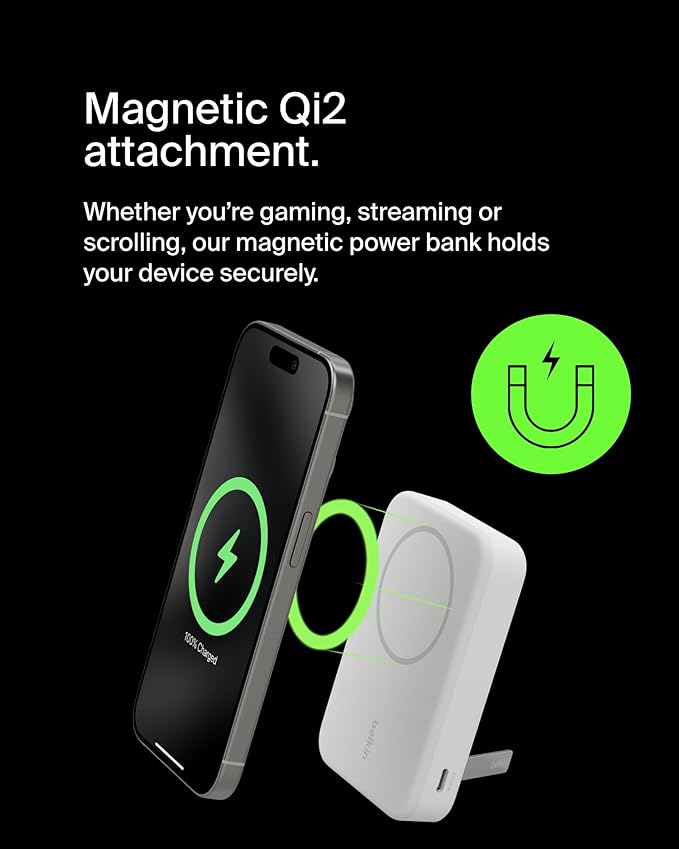 Belkin Portable Charger, Power Bank 10000 mAh w/ Qi2, iPhone Charger - MagSafe Charger w/Built-in Pop-up Kickstand for iPhone 17, Air, Pro, Pro Max, AirPods, Apple Watch, Google Pixel 10, etc - White