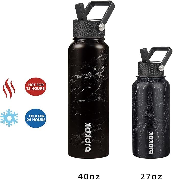 BJPKPK Insulated Water Bottles with Straw Lid, 27oz Stainless Steel Water Bottle with 3 Lids, Leak Proof BPA Free Metal Thermo, Mugs, Tumblers, Keep Cold Hot - Midnight