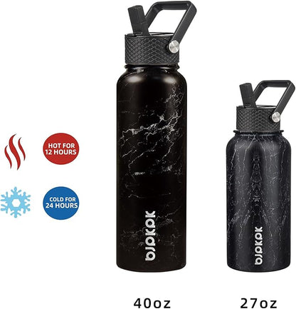 BJPKPK Insulated Water Bottles with Straw Lid, 27oz Stainless Steel Water Bottle with 3 Lids, Leak Proof BPA Free Metal Thermo, Mugs, Tumblers, Keep Cold Hot - Midnight