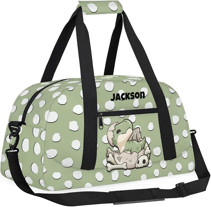 Personalized Duffel Bag for Kids Girls Boys, Dinosaur Spot Custom Name Gym Bag Overnight with Padded Handles Carry On Weekend Sports Travel Bag for School Practice Gymnastics Ballet