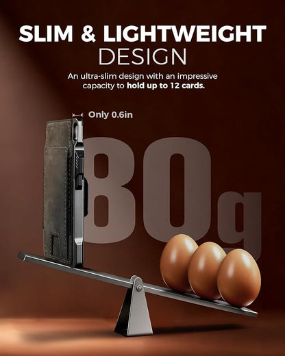 LORZOR Slim Tactical Wallet for Men- Minimalist Full Grain Leather Wallet for 12 Cards, RFID Blocking Aluminum Cardholder, Smart Pop Up Card Case, Front Pocket, Money Clip, Gift for Men(ArmyGreen)