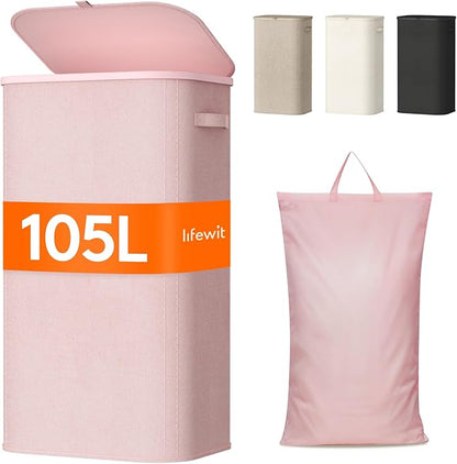 Lifewit 105L Laundry Basket with Lid, Large Laundry Hamper with Plastic Handles and Removable Bag, Foldable Tall Dirty Clothes Hampers for Laundry for Laundry Room, Bedroom, Bathroom, Dorm, Pink