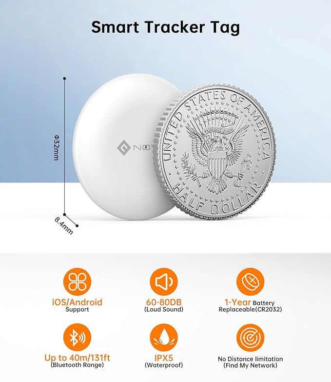 NOVOO Air Tracker Tags-4 Pack, Smart Bluetooth Tracker, Item Finder Works with iOS & Android, Trakcer Tag Locator for Keys, Wallet, Luggage and Bags, Replaceable Battery