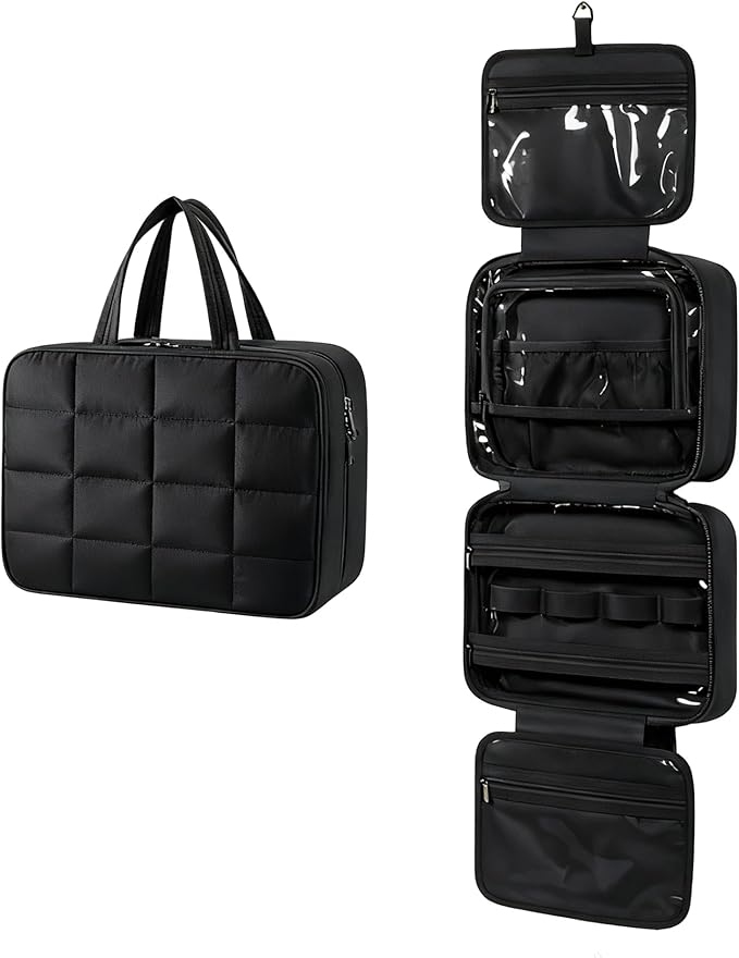 Travel Toiletry Bag for Women,Portable Hanging Travel Bag Cosmetic Jewelry Organizer,Makeup Bag for Toiletries,Full Sized Shampoo,Conditioner,Black