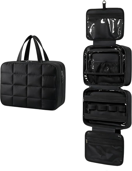 Travel Toiletry Bag for Women,Portable Hanging Travel Bag Cosmetic Jewelry Organizer,Makeup Bag for Toiletries,Full Sized Shampoo,Conditioner,Black