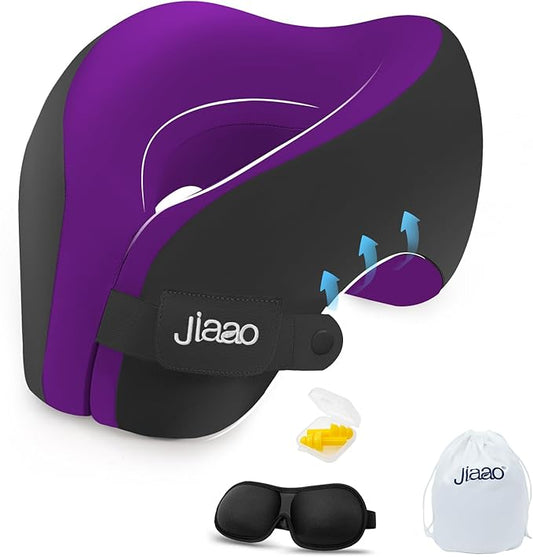 Upgraded Neck Pillow Airplane, Memory Foam Travel Neck Pillows for Long Flight, 3D Eye Masks, Ear Plugs and Portable Drawstring Bag, Napping Pillow for Home, Road Trips, Sleep Rest and Travel Use